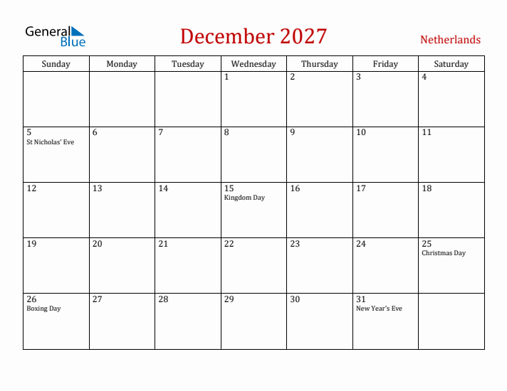 The Netherlands December 2027 Calendar - Sunday Start