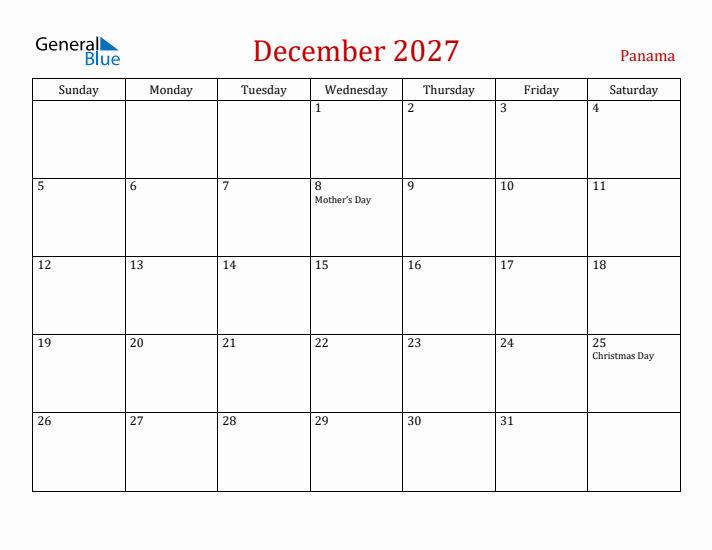 Panama December 2027 Calendar - Sunday Start