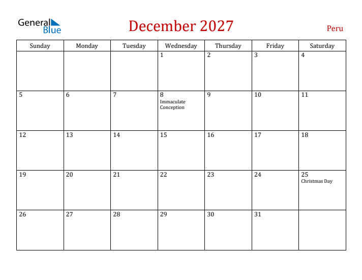 Peru December 2027 Calendar - Sunday Start