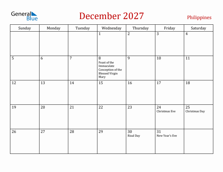 Philippines December 2027 Calendar - Sunday Start