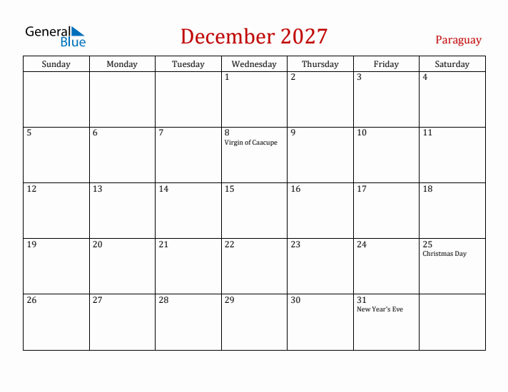 Paraguay December 2027 Calendar - Sunday Start