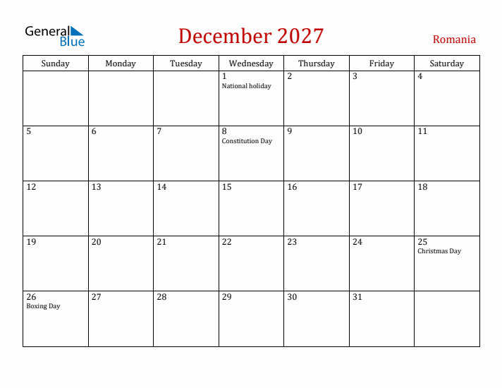 Romania December 2027 Calendar - Sunday Start