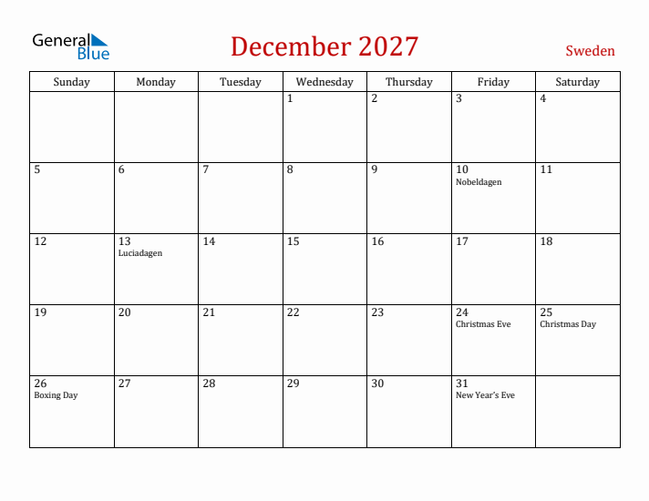 Sweden December 2027 Calendar - Sunday Start