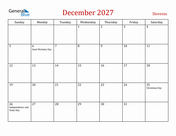 Slovenia December 2027 Calendar - Sunday Start