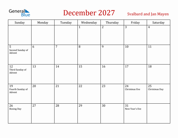 Svalbard and Jan Mayen December 2027 Calendar - Sunday Start