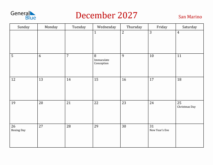 San Marino December 2027 Calendar - Sunday Start