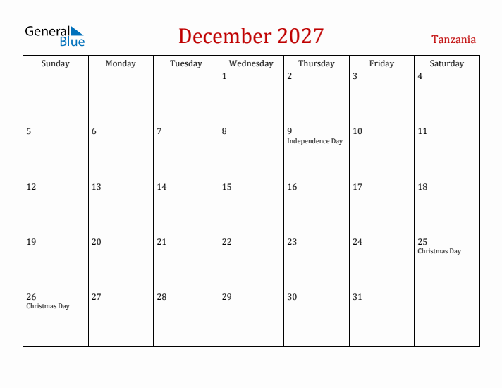 Tanzania December 2027 Calendar - Sunday Start
