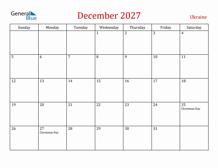 Ukraine December 2027 Calendar - Sunday Start