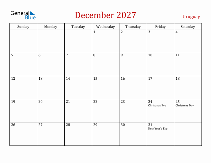 Uruguay December 2027 Calendar - Sunday Start
