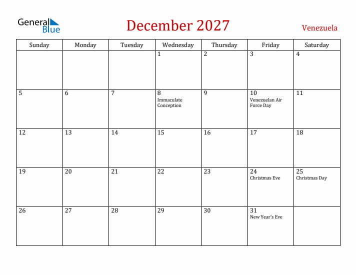 Venezuela December 2027 Calendar - Sunday Start