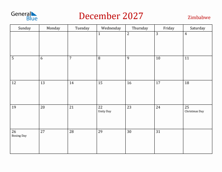 Zimbabwe December 2027 Calendar - Sunday Start