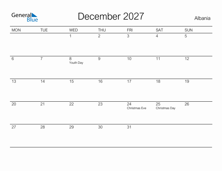 Printable December 2027 Calendar for Albania