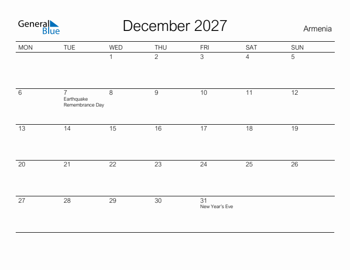 Printable December 2027 Calendar for Armenia