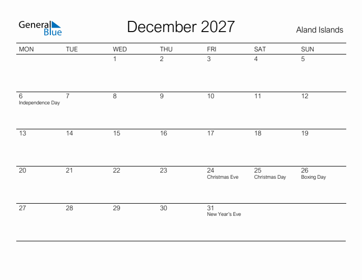 Printable December 2027 Calendar for Aland Islands