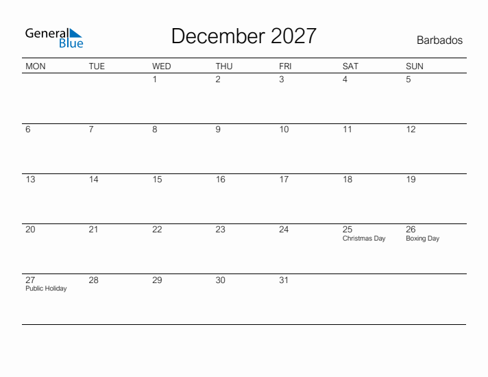 Printable December 2027 Calendar for Barbados