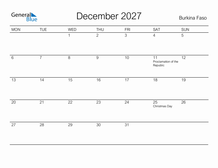 Printable December 2027 Calendar for Burkina Faso