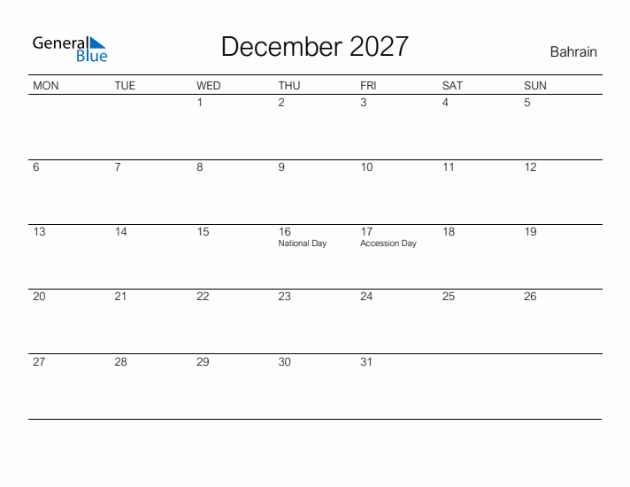 Printable December 2027 Calendar for Bahrain