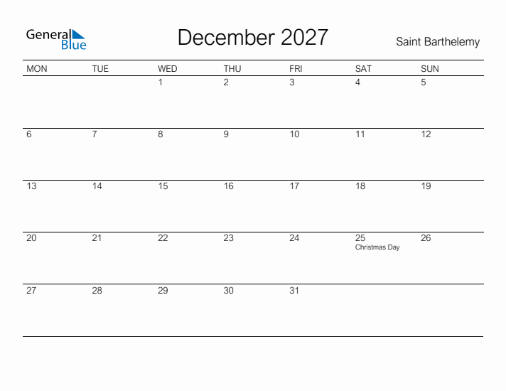 Printable December 2027 Calendar for Saint Barthelemy