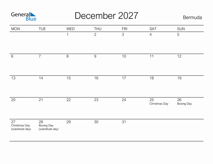 Printable December 2027 Calendar for Bermuda