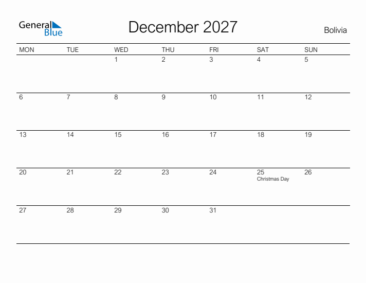 Printable December 2027 Calendar for Bolivia