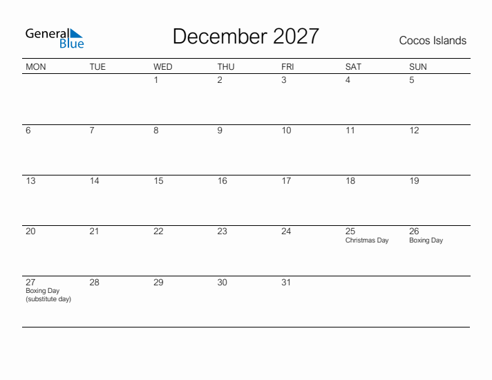 Printable December 2027 Calendar for Cocos Islands