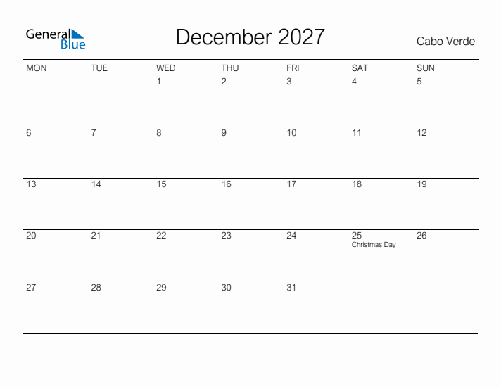 Printable December 2027 Calendar for Cabo Verde