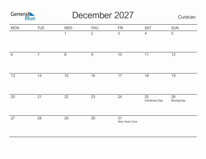 Printable December 2027 Calendar for Curacao