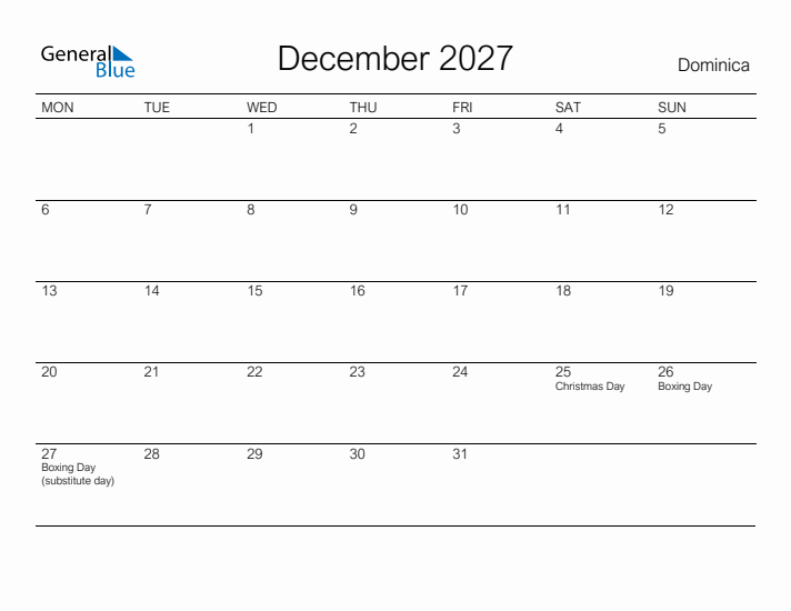 Printable December 2027 Calendar for Dominica