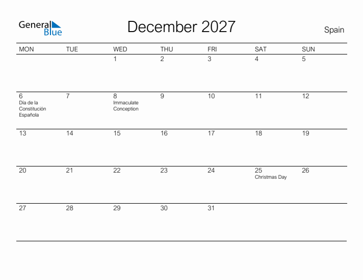 Printable December 2027 Calendar for Spain