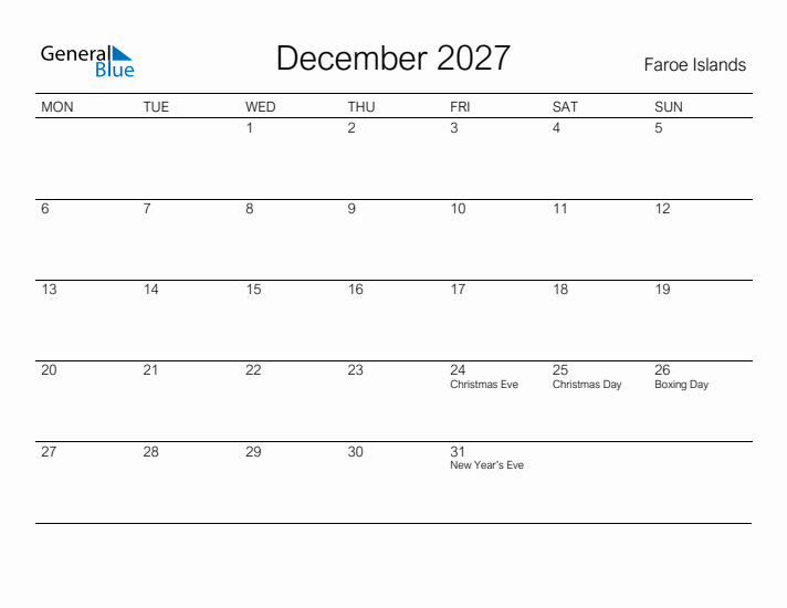 Printable December 2027 Calendar for Faroe Islands