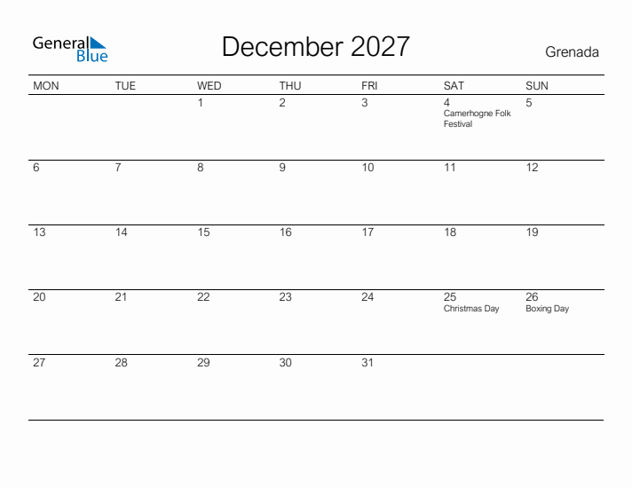 Printable December 2027 Calendar for Grenada
