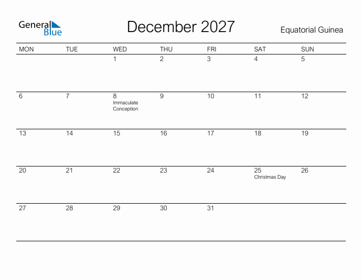 Printable December 2027 Calendar for Equatorial Guinea