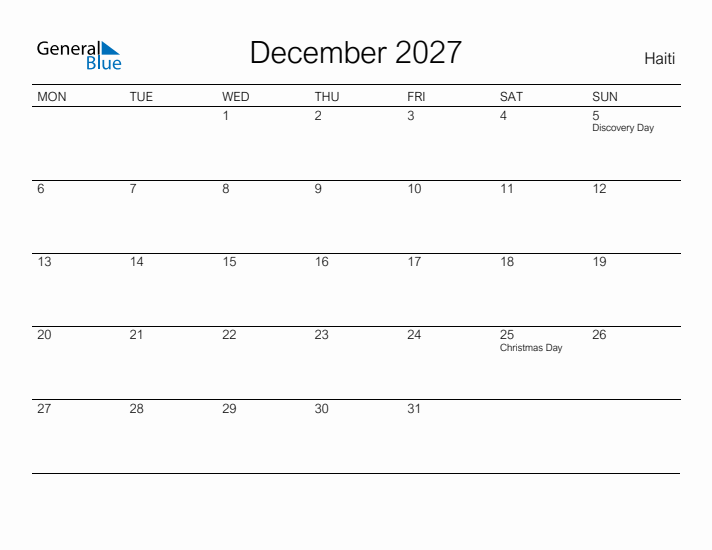 Printable December 2027 Calendar for Haiti