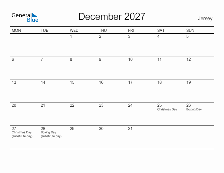 Printable December 2027 Calendar for Jersey