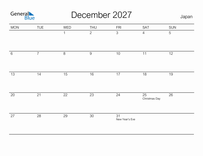 Printable December 2027 Calendar for Japan