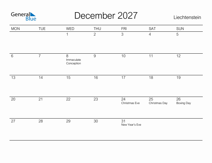 Printable December 2027 Calendar for Liechtenstein