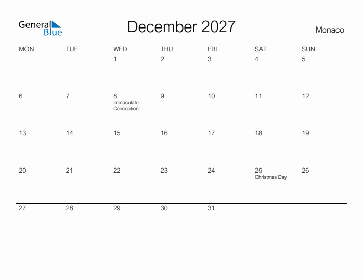 Printable December 2027 Calendar for Monaco