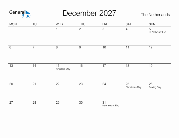 Printable December 2027 Calendar for The Netherlands