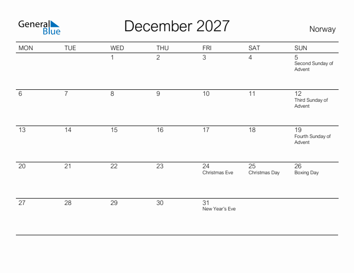 Printable December 2027 Calendar for Norway