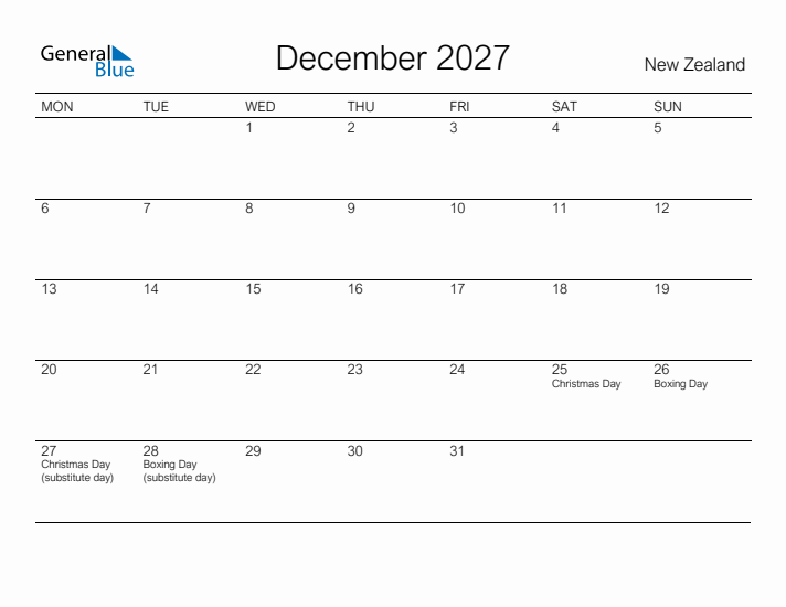 Printable December 2027 Calendar for New Zealand