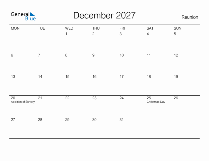Printable December 2027 Calendar for Reunion
