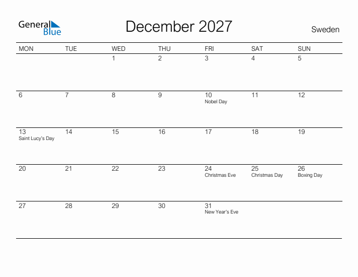 Printable December 2027 Calendar for Sweden