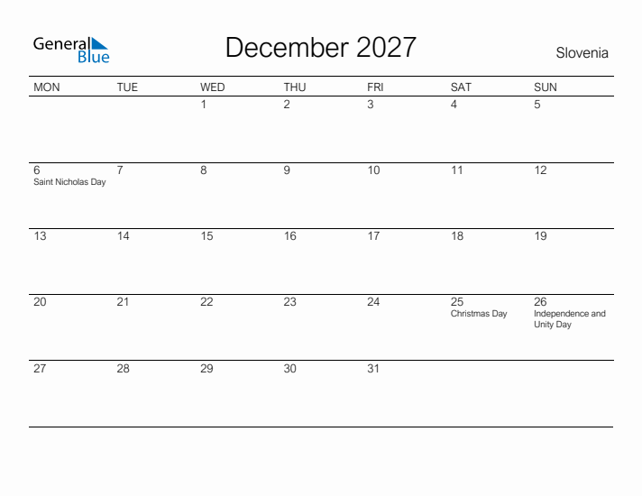 Printable December 2027 Calendar for Slovenia