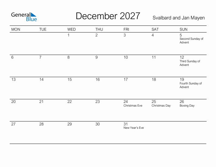 Printable December 2027 Calendar for Svalbard and Jan Mayen