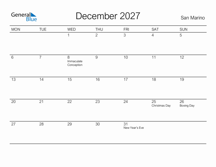 Printable December 2027 Calendar for San Marino