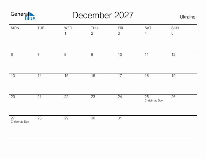 Printable December 2027 Calendar for Ukraine