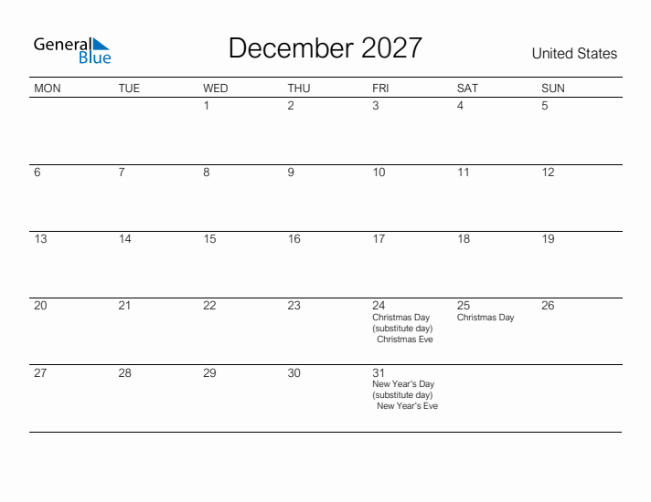 Printable December 2027 Calendar for United States