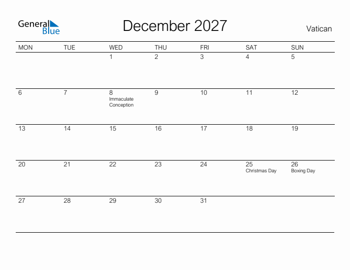 Printable December 2027 Calendar for Vatican
