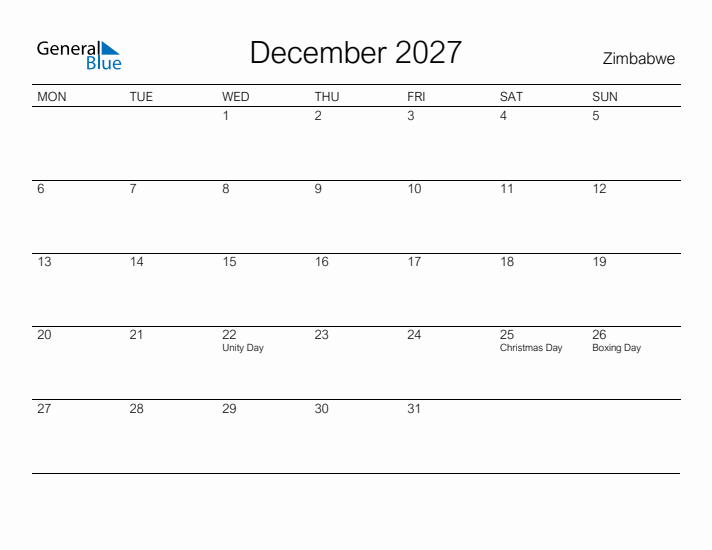 Printable December 2027 Calendar for Zimbabwe