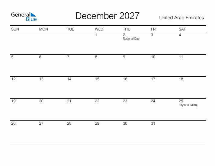 Printable December 2027 Calendar for United Arab Emirates